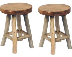 Mega Collections Zit krukje/bijzet stoel - 2x - teak hout - lichtbruin - D30 x H42 cm