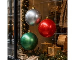 Mega grote kerstballen - 3x st - opblaasbaar - rood - groen - zilver - D65 cm