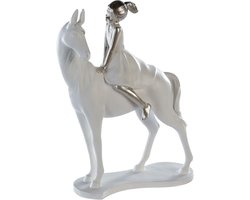 Meisje op Paard Sculptuur 25 cm - Wit en Zilver Decoratie voor Thuis