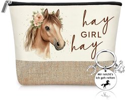 Meisjes cadeauset 2-delig, cosmeticatas meisjes met sleutelhanger, make-up tas paardenmotief voor ruiter, make-uptas voor reizen, badkamer, school, verjaardag, Hay Girl Hay Hay Design