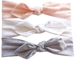Meisjes Haarbandjes met Strik – 3 Stuks – Roze, Grijs & Wit – 2-6 Jaar – Zachte Katoen Elastische Haarbanden – Trendy Kinderaccessoire