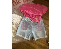Meisjes Jeans Short 158/164 ROZE met Strass – Lichtblauwe Denim Korte Broek – Glitter Achterzak – Zomers