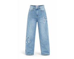 Meisjes Jeans Straight Loose Fit - Trendy denim broek met Applicaties - 100% katoen - Lichtblauw - Maat 158/164 - spijkerbroek