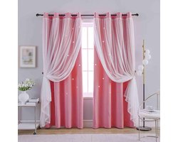 Meisjes Slaapkamer Gordijnen - Sterren Gatpatroon Verduisterend - 2-stuks 132x213 cm - Roze - Polyester Materiaal - 85-90% Lichtverduistering - Wasmachine Bestendig