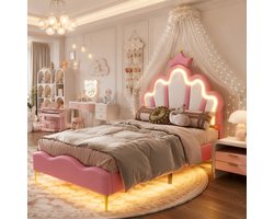 Meisjesbed 90x200 cm, gestoffeerd bed met ledverlichting, kinderbed met verstelbaar hoofdeinde, eenpersoons prinsessenbed voor tieners, lattenbodem, PU-materiaal, Roze