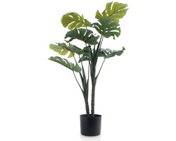 Meisterhome Kunstplant Monstera 90 cm – Realistische Gatenplant – Tropische Kunst Kamerplant – Onderhoudsvrij – Grote Groene Bladeren – In Zwarte Pot – Voor Woonkamer & Kantoor