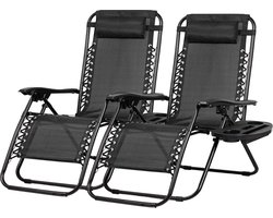 Meisterhome® Opvouwbare tuinstoelen – set van 2 stuks - Inclusief Hoofdkussen en bekerhouder - Zonnebed – Tuinstoel - Ligstoel – Campingstoel - Verstelbaar - Tuin - Weerbestendig – Zwart