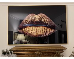 Melani Wanddecoratie glas kunst zwart met Gouden Lippen - Glass Art Wall picture black with gold lips 120 x 80