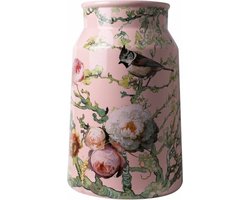 Melkbus - vaas - Heinen Delfts Blauw - Bosvogels - Roze - Keramiek - Hoogte 30 cm