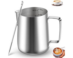 Melkopschuim kannetje - Barista melkkan - Melk opschuimkan - melkopschuimkan 350ml - Melkopschuimkan RVS - met maatstreep - Inclusief Art Pen - Zilver - voor cappuccino espresso latte art