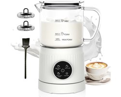 Melkopschuimer 4-in-1 – Warm en Koud Schuim, Melkverwarmer, Glazen Kan, 400 ml, Touchbediening, Wit
