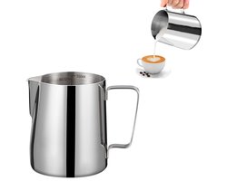 Melkopschuimkan - RVS - 350ml - Met Maatmarkeringen - Melkkannetje Opschuim - Melkkan - Melkkannetje - Ergonomisch -Geschikt voor het Maken van Koffie, Melk, Melkschuim, Room, Sap en Andere Dranken - Zilver
