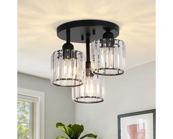 MELVRA Kristallen Kroonluchter - Plafondlamp - 3-lichts - Glazen Lampenkap - Zwart - Hanglamp voor Woonkamer, Slaapkamer, Keuken & Badkamer - Modern