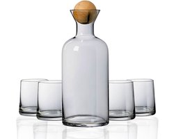 Mémoire® Acqua di Fumo Waterkaraf Set – Luxe Water Karaf met 4 Bijpassende Glazen en Houten Bal– Gerookt Glas Effect – Inclusief Houten Afsluitbal – Design Tafelset – Stijlvol Cadeau voor Thuis, Tafel en Designliefhebbers