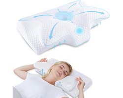 Memory Foam Cervicale Kussen - Orthopedisch Nek Bed Kussen voor Zijslapers Terug en Buik - Wit 60 x 35 x 8/12cm