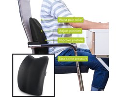 Memory Foam Rugsteun Kussen - Lendenkussen - Rugkussen voor bureaustoel - Lendesteun - Stoel kussen met riem - Zwart