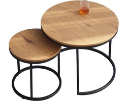 MensStore Salontafel Rond - Bijzettafel Rond - Set van 2 Salontafels - Nordic stijl - Zwart Metaal - Licht Eiken Kleur - 2 Stuks - 60 en 40 CM