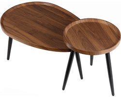 MensStore Salontafel Rond - Salontafel Druppel - Massief hout - Druppelvorm - Rond - Zwarte Poten - Walnoot - Set Van 2