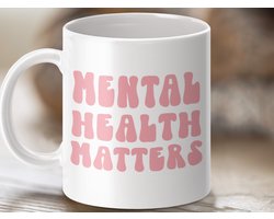 mental health mug, retro design, positive message, mental health, awareness mug, support gift, motivation mug, matters design, retro style, groovy font, pink lettering, health matters, positive vibes