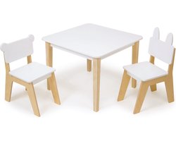 Mentari Kindermeubels: SET TAFEL EN STOELEN, 2 stoelen: konijn en beer, in hout, in doos, 3-6j