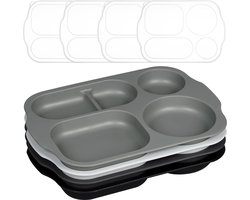Menuborden, 4 stuks, gedeelde borden met dekselset, 5 vakken, 28 cm PP-plaat, onbreekbare en onbreekbare scheidingsborden voor kinderen en volwassenen, tafelservies, magnetron- en