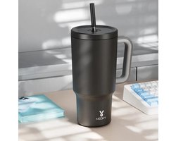Meoky 40oz Roestvrijstalen Tumbler met Deksel & Rietje - Lekvrij, BPA-Vrije Geïsoleerde Waterfles met Handvat voor Warme/Koude Dranken - Perfect voor Kamperen, Wandelen, Autorijden Stanley Stijl- ZWART