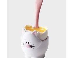 Meow eierdopje met lepel kat zwart of wit 5.2x5x9cm JOIE