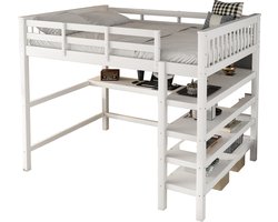 Merax 140x200 cm Hoogslaper met Opbergruimte - Kinderbed met Bureau Onder het Bed - Wit