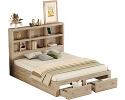 Merax 160x200cm Tweepersoonsbed van Massief Hout - Queensize Bed met 2 Opberglades en Hoofdbord met Opbergruimte - Natuurlijke Kleur Bruin
