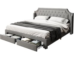 Merax 180x200 cm Gestoffeerd Bed met Lattenbodem en LED-Verlichting - Slaapbed voor Volwassenen en Jongeren - Grijs