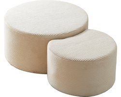 Merax 2-delige Ronde Salontafel Set – Gevuld met Schuim – Bijzettafels en Ottoman – Beige – Direct Gebruiksklaar