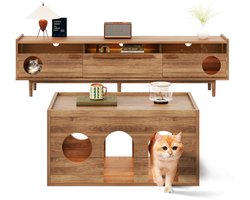 Merax 2-delige TV-Meubel & Salontafel Set – LED TV-Meubel met Kattengrot – Walnoot – Modern Huisdiervriendelijk Woonkamer Meubelset