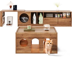 Merax 2-delige TV-meubel & Salontafel Set – Uitschuifbaar & Draaibaar TV-Meubel met Kattengrot – Walnoot – Modern Woonkamer Meubelset