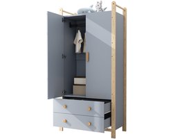 Merax 2-Deurs Kledingkast - Garderobekast met Kledingroede en 2 Laden - Houten Frame - Blauw en Beige - 90x45x180 cm