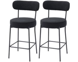 Merax 2-Pack Barstoelen – Fleece Barkrukken met Rugleuning & Voetsteun – Comfortabele Hoge Zithoogte – Stalen Frame – Zwart