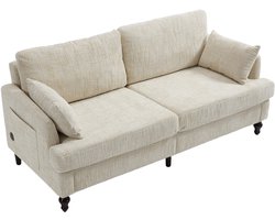 Merax 2-zits Chenille Sofa – LED-verlichting – USB Oplaadpoort – Opbergtas – Houten Poten – Voor Woonkamer - Slaapkamer & Thuiswerkplek – Beige
