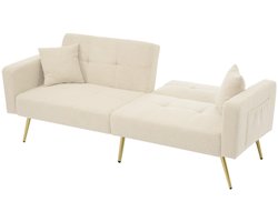 Merax 2-zits Slaapbank – Beige Sherpa Stof – Bankstel met Verstelbaar Rugleuning – Gouden Poten