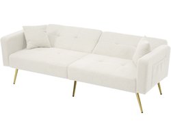 Merax 2-zits Slaapbank met Kussens en Opbergvakken – Luxe Teddy Stof – Bankstel met Verstelbare Rugleuning en Gouden Poten – Wit