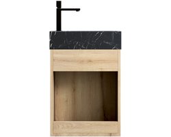 Merax 40cm Wandmeubel voor Badkamer - Wastafel met Zwart Marmer Wasbak - Hangend Wastafelmeubel met Deur - Compact Kastje - Wit Eiken Houtlook