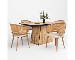 Merax 5-delig Eetkamerset – Eettafel met Houtnerf en 4 Rattan Eetkamerstoelen met Kunstleer Kussens – Beige met Bruin