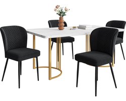 Merax 5-delig Eetkamerset – Moderne Eettafel 140 x 80 cm met 4 Zwarte Fluwelen Stoelen - Wit Marmerlook MDF Tafelblad en Gouden Poten
