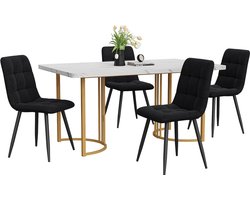 Merax 5-delig Eettafel Set - Moderne Keukentafel 140 x 80 cm met 4 Zwarte Velvet Stoelen - Gouden Metalen Poten en Wit MDF Tafelblad