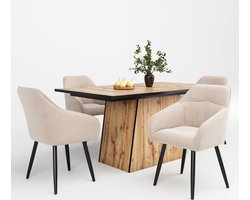 Merax 5-delige Eettafelset – Houten Tafel met 4 Velvet Stoelen – Crème Wit met Bruin