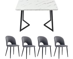 Merax 5-delige Eettafelset – Rechthoekige Tafel 117x68 cm met 4 Grijze Velvet Stoelen – Luxe Eetkamerset met Diamantpatroon Rugleuning en Verstelbare Poten – Metaal & MDF