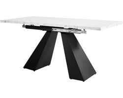 Merax 5-Delige Eettafelset Uitschuifbaar 99-159 Cm – Marmerlook Eettafel Wit Met Zwart Metalen Onderstel – 4 Grijze Velours Eetkamerstoelen