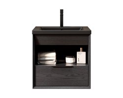 Merax 51cm Zwevend Badkamermeubel met Ingebouwd Keramisch Wastafel – Badkamerkast met Schuine Kanten - Lade en Open Plank in Zwart Houtlook