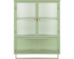 Merax 60 cm Wandkast met Glazen Deuren - Twee-deurs Opbergkast met Twee-niveau Opslag - Open Plank en Handdoekrek - Groen