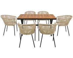 Merax 7-delige Tuinset Voor 6 Personen – Tuinmeubelset met 6 Tuinstoelen en 1 Tuintafel – Handgeweven Touw – Akaciahouten Tafelblad – Inclusief Kussens – Beige