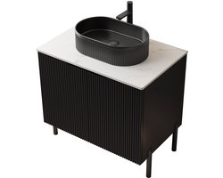 Merax 76cm Vrijstaand Badkamermeubel – Zwarte Ovalen Keramiek Wastafel met Strepen – Werkblad van Wit Gesinterd Carrara Steen – MDF Kast met 2 Deuren – Zwart