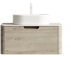 Merax 80cm Zwevend Badkamermeubel met Ovaal Keramisch Wastafel – Badkamerkast met Travertin Sintersteen Blad - Soft-Close Lade - Wit Eikenhout Beige Crème